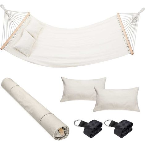 Amaca Giardino 2 Posti Legno Cotone Relax Esterno Campeggio 345x150cm Beige (1/6)