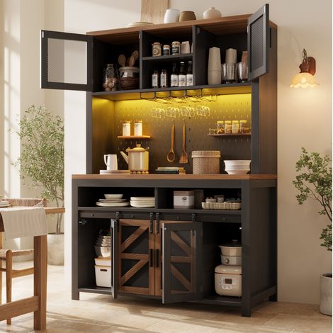 REDOM - Credenza da cucina - 120x40x174.5 cm - illuminazione LED multicolore - presa e USB integrate - MDF - nero