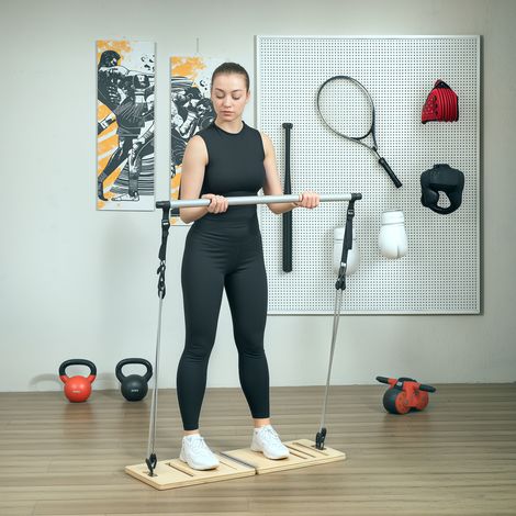 Pilates-Stange mit elastischen Bändern, verstellbarer Neigungsplatte und individuell einstellbarem Widerstand für Dehnübungen, 90 x 33 x 3 cm