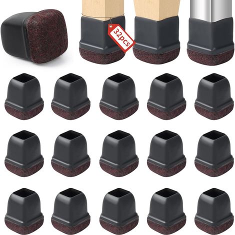 Chair Leg Covers 28-36mm, 32 PCS Silicone Floor Protectors, Black Chair Leg Caps, Soft Felt Backing, Thermoplastic Elastomer (Fits 1-1.2", Square)