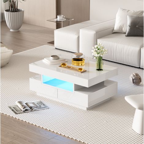 Mesa baja con LED, 80 x 50 x 36 cm, 4 cajones y 3 nichos abiertos, blanco brillo DESVIAE (1/5)