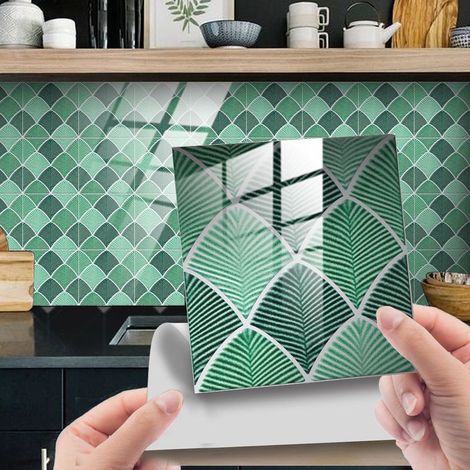 Adhesive pour Cuisine Brique Palme Hellgrün 25 Pcs Stickers Muraux Salle de Bains Cuisine Carrelage Adhesif Mural avec Motifs de Carrelage Dalle Pvc Adhesive Murale S : 10 x 10 cm,DJ050 (1/3)