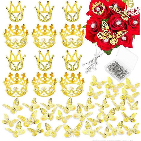 148 pièces bridal flower bouquet accessoires 36 doré butterfly 12 crowns bouquet corsages 100 diamant pins (1/5)