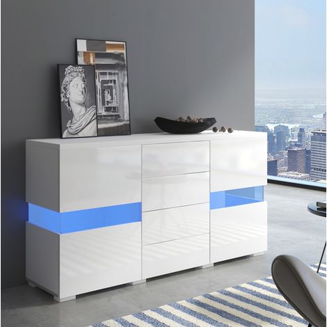 Buffet blanc brillant avec LED 16 couleurs 140x35x72 cm MDF pour salon et salle à manger OKWISH (1/5)