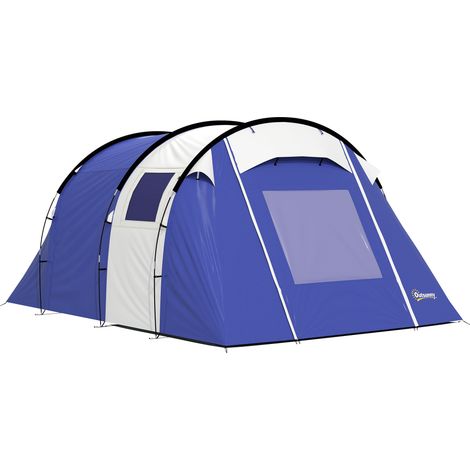Tente camping 4 personnes 2 pièces imperméable 3000mm avec tapis de soleil et sac de couchage 420x300x200cm bleu