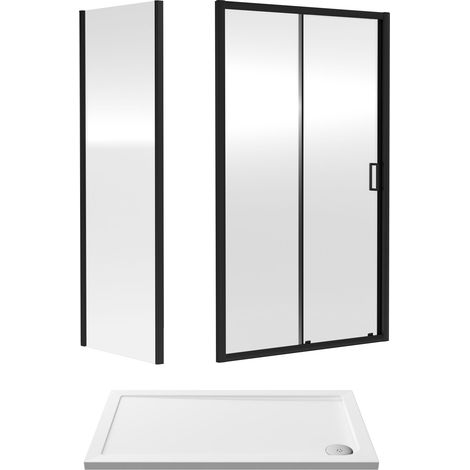 Balterley Sliding Shower Suite with 6mm Safety Glass Door, Side Panel & 1200 x 700mm Tray in Matt Black Finish (1/3)