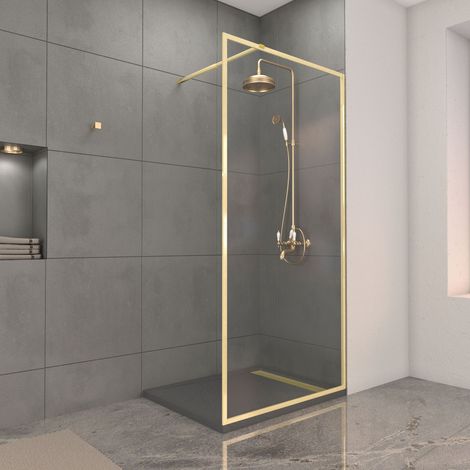 Parete doccia 100x200cm finitura Oro spazzolato + Piatto doccia grigio effetto pietra 100x80x4cm