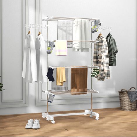 Tendedero plegable móvil 142 x 55 x 172 cm, 4 niveles, con ruedas, blanco, acero (1/5)