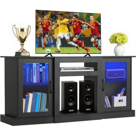 Meuble TV pour Télévision jusqu’à 165 cm, Banc TV Moderne en Bois, Centre de Divertissement avec Bande Lumineuse, Portes et Étagères Réglables, Rangement pour Salon, Salle Multimédia, Noir (1/3)