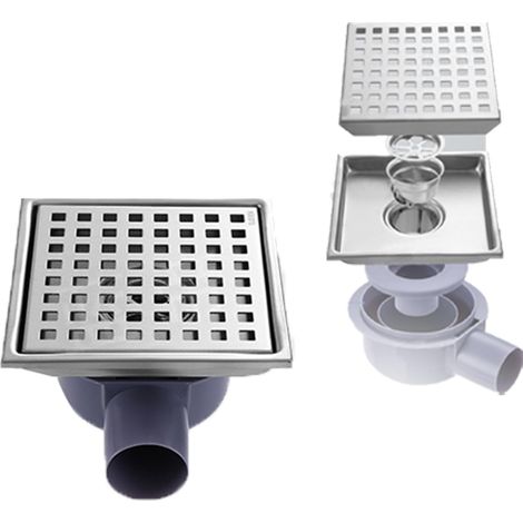 Bonde de douche en acier inoxydable avec tuyau de siphon, 15x15 cm, désodorisant 2 en 1 et filtre à cheveux, convient aux salles de douche, salles de bains et sous-sols. (1/5)
