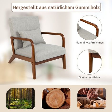Wohnzimmer-Loungesessel, gepolstert, Holzarmlehnen, 65x79x77 cm, grau