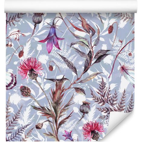 Papel pintado de flores de pradera en acuarela para salón y dormitorio, 50x1000 cm. (1/5)
