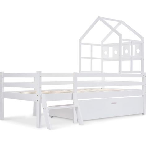Cama cabaña infantil con escalera y cajón, cama alta 90x200 cm blanca con somier (1/5)