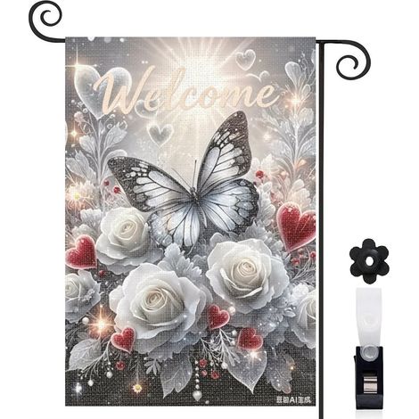 Drapeau de jardin bienvenue 30 x 45 cm motif papillon artistique et fleurs toile double face pour décoration maison (1/5)