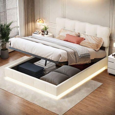 Bett 140x190 cm - Doppelbett 140x190 cm mit Lattenrost - Hydraulischer Stauraum - Veloursstoff - Integrierte LED - Moderner Stil