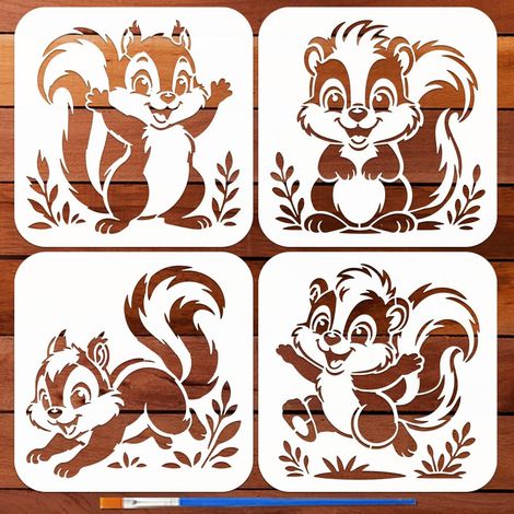 4Pièces Pochoirs Écureuil Dessin Animé Avec Un Pinceau 15x15cm Modèles Dessin Écureuil Mignon Animal Forêt Pochoir PET Réutilisable pour Peinture Sur Bois, Mur, Toile, Tissu Artistiques (1/5)