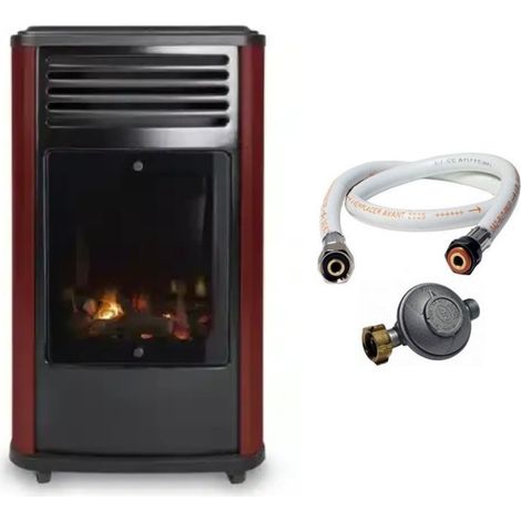 Poêle à gaz mobile 3,4KW Effet feu de bois - Chauffage gaz Rouge & Noir + Tuyau gaz + Détendeur butane Manhattan Sahara (1/5)