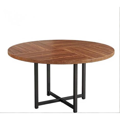 Mesa de comedor redonda industrial de 120 cm, metal y madera, negra y marrón, solo mesa (1/5)