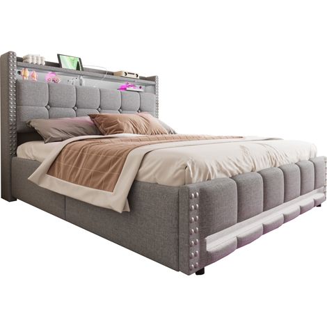 Cama tapizada 160x200 cm, Cama doble con arcón hidráulico, USB, LED regulable y estantes, sin colchón, gris claro (1/5)