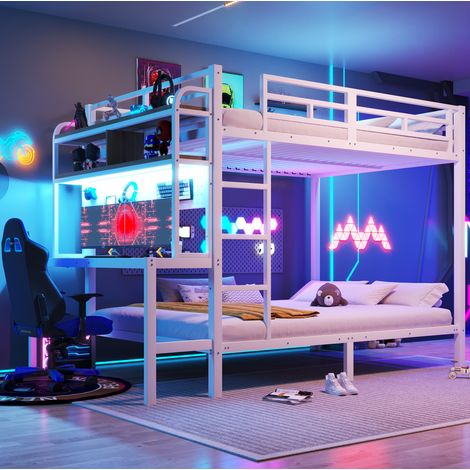 Lit superposé 140/200 cm blanc en métal et MDF avec bureau, rangements, LED et port USB (1/5)