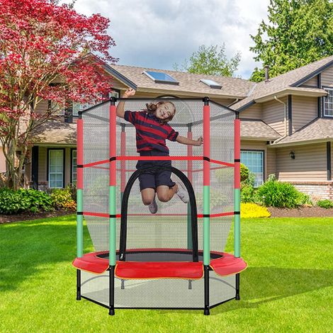 Trampolín de jardín para niños, cama elástica elástica con red de seguridad, 140 cm de diámetro, red protectora, cuerda elástica (1/5)