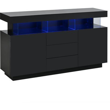 Buffet noir brillant avec LED, meuble moderne 140 x 35 x 80 cm avec 3 tiroirs, 2 portes et compartiments ouverts (1/5)