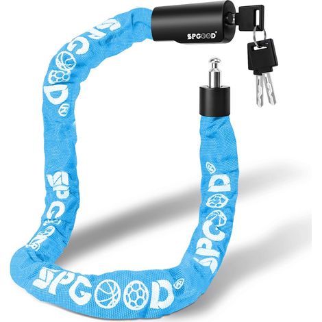 Antivol vélo avec 3 clés, chaîne de 6 mm, longueur 90 cm(Bleu clair) Résistante aux coupures, avec revêtement en nylon pour la protection contre la rouille, adaptée aux vélos, vélos électriques (1/5)