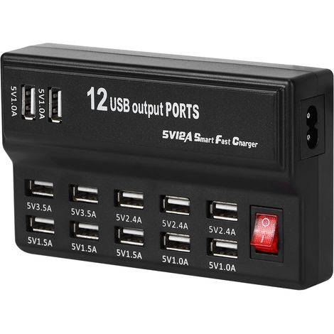 Chargeur de téléphone portable multiport, batterie externe, mini ventilateur, casque Bluetooth, multiprise de charge pour téléphone portable à 12 ports USB (norme européenne) (1/5)