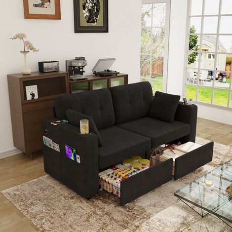 Sofá de 2 plazas - 172 x 75 x 82 cm - con cajones de almacenamiento, USB y portavasos - en chenilla negra (1/5)
