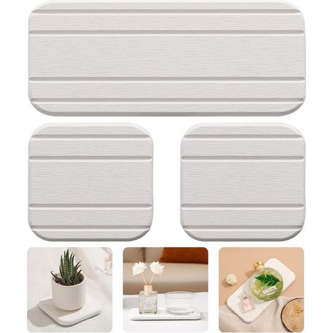 Lot de 3 plateaux absorbants en terre de diatomées pour évier, porte-savon et porte-brosses à dents à séchage rapide pour comptoir de salle de bain, 1 plateau en pierre, 2 sous-verres en pierre