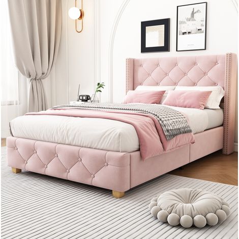 Cama tapizada con somier de listones 90x200 rosa DESVIAE (1/5)