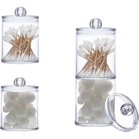 Ensemble de 4 pots de rangement ronds transparents en plastique PS pour salle de bain, pour cotons-tiges, boules de coton et disques démaquillants. (1/5)