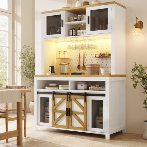 Armoire de cuisine haute 120/40/174,5 cm blanche avec LED, USB et portes coulissantes et battantes (1/5)