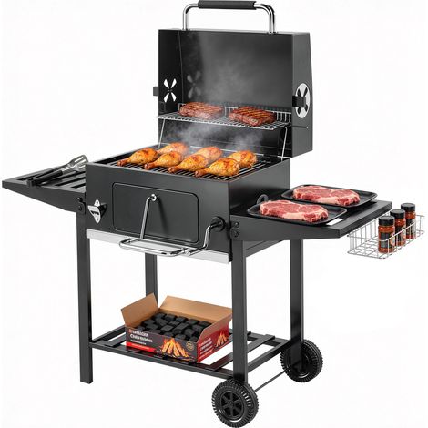 Barbecue a carbone su ruote con griglia regolabile e ripiani pieghevoli, acciaio e polipropilene, 133,5 x 65 x 110 cm, nero