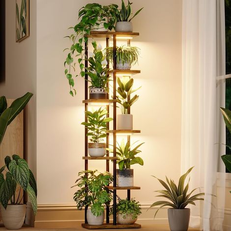 Support Plantes Interieur avec Lampe, Étagère Plante d'Angle 7 Niveaux Bois et Métal, Support Plante avec Éclairage pour Salon Balcon Chambre, Décoratif (1/5)