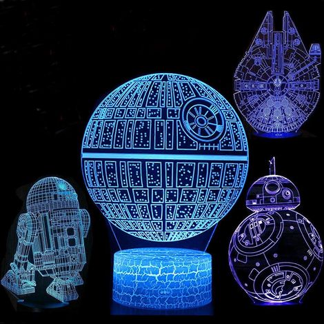 Lot de 4 veilleuses 3D LED Star Wars, lampe illusion d'optique 7 couleurs changeantes avec télécommande, lampe décorative pour enfants, cadeau idéal (Star Wars)