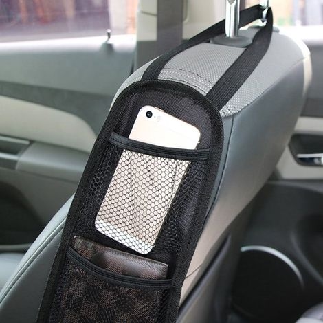 Bolsas de almacenamiento para coche，con 3 bolsillos，Bolsa de malla colgante para el asiento delantero，42 x 14 cm，Blanco roto (1/5)