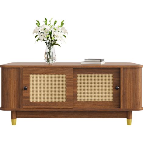 Table basse avec portes coulissantes ajourées, angles arrondis, grand espace de rangement, MDF finition bois foncé, style salon moderne – CHICFURN (1/5)
