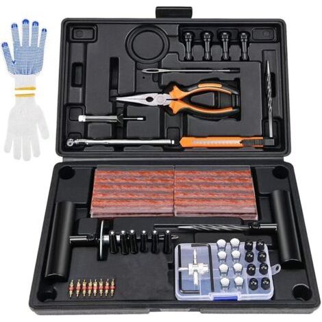 100PCS Kit de Reparation de Pneu Moto Professionnel Meche Pneu Kit Crevaison Réparation Pneu tubeless Voiture Portable Coffret Outil Multifonction VTT kit meche pneu pour Jeep, Camion, Tracteur - FDC (1/5)