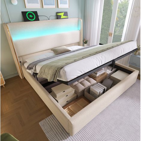 Lit moderne coffre hydraulique 140x200 cm en tissu aspect lin beige, haute tête de lit avec LED, USB/Type-C (1/5)