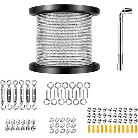 Lot de 94 Pièces Câble Métallique 60 M 2 mm, Kit Câble Acier Inoxydable 304 Revêtu PVC, pour Plantes Grimpantes, Guirlandes Lumineuses, Clôture et Corde à Linge (1/5)