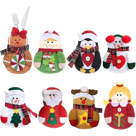 Set De Couverts De Noël - 8 Sachets En Tissu Non Tissé Avec Motifs Santa Et Bonhomme De Neige - Pour Couteaux Fourchettes Cuillères Baguettes - Lot Complet (1/5)