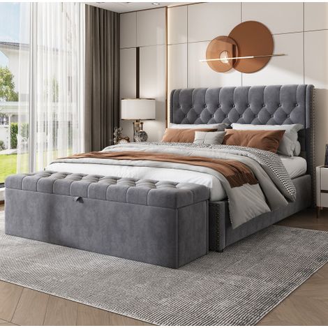 Cama tapizada 140/200 cm gris de terciopelo con almacenaje y banco arcón (1/5)
