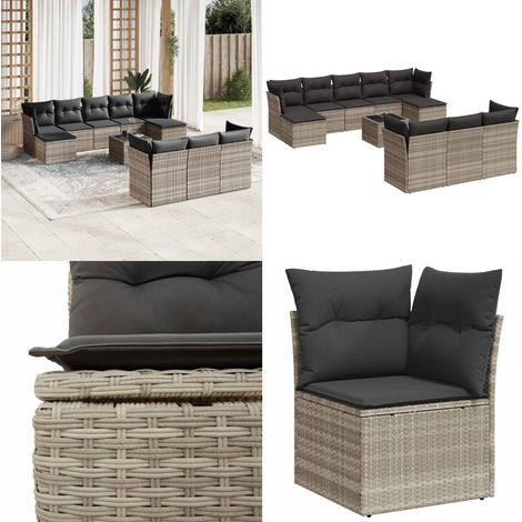 Set de sofás de jardín 11 pzas y cojines ratán sintético gris - Cojines de jardín - Muebles de exterior