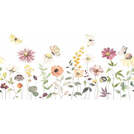 Carta da parati fotografica per bambini con fiori, prato, farfalle e piante DWK402 200x135 (1/5)