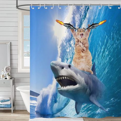 Rideau de Douche Drôle 90x180, Chat Cool Chevauchant Un Requin, Océan Vagues Poisson Bleu Mignon, Pour Enfants Garçons, Baignoire Imperméable en Polyester (1/5)