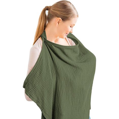 Beauvie-Tablier d'allaitement, couverture d'allaitement en mousseline pour bébé, grande couverture d'allaitement, capuche d'allaitement en coton avec anneau rigide - Tablier d'allaitement, vert armée, (1/4)