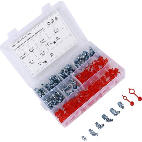 Lot de 160 graisseurs hydrauliques, 6 tailles, hexagonaux, droits et coudés, pour voitures, motos, camions et engins agricoles. (1/5)