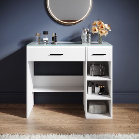 ELEGANT Dressing Table, Modern Bedroom Dresser Table with 2 Drawer High Gloss Makeup Vanity Storage Desk, Suitable for Bedrooms and Various Scenes, White, 900×400×770mm (1/5)