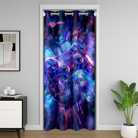 Rideau de porte pour enfants, rideau occultant moderne néon, boutons de manette de jeu, décoration de porte pour chambre à coucher, salon, violet et bleu, 86,4 cm de large x 203,2 cm de long - 34"W x (1/5)
